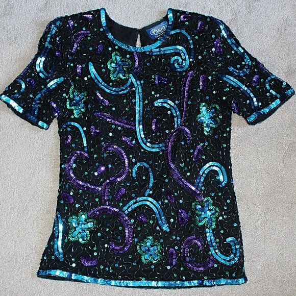 Vintage 1980s - Pinki Collection - 100% Silk Sequin Beaded Confetti Top, S or M - Picture 2 of 10